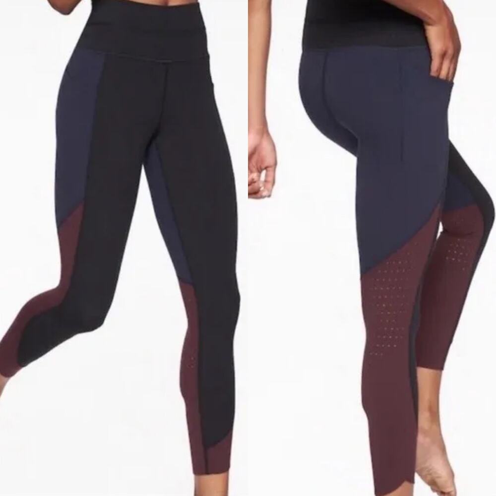 Athleta Chakra Black & Maroon Perforated Leggings Size XS
